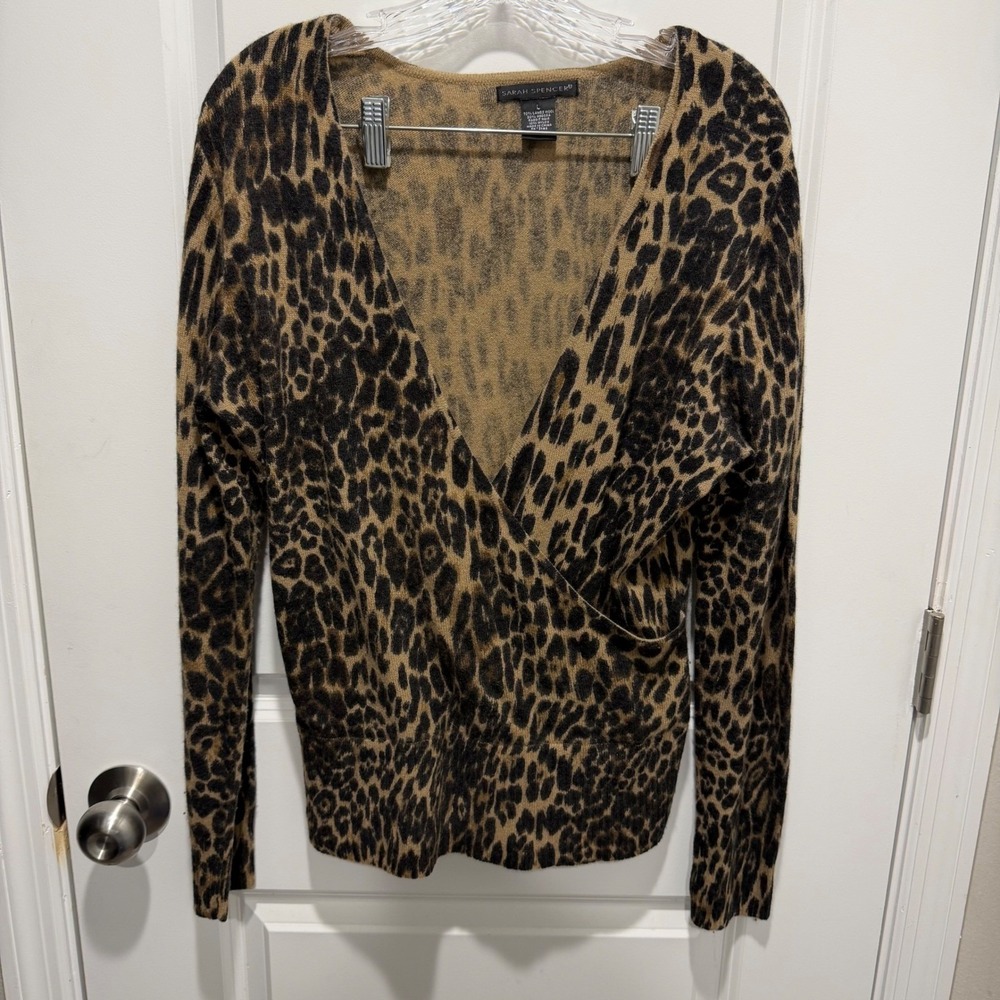Sarah Spencer Womens Sweater Leopard Angora Lambswool Blend Brown Large
